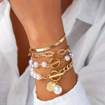 Set di 4 bracciali Chic Gold – Serpente, perle e maglie | Oro